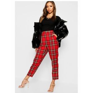 Red Plaid High Waist Pant Trouser Slim Ankle Fit